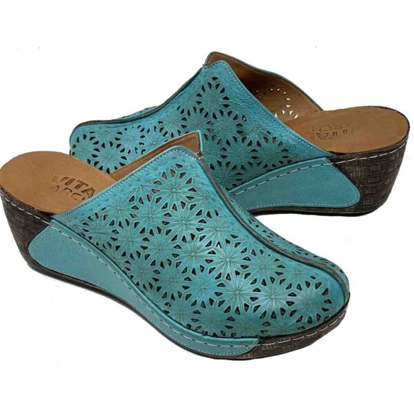 V Italia Clara extra light construction close toe slide in turquoise color   genuine leather