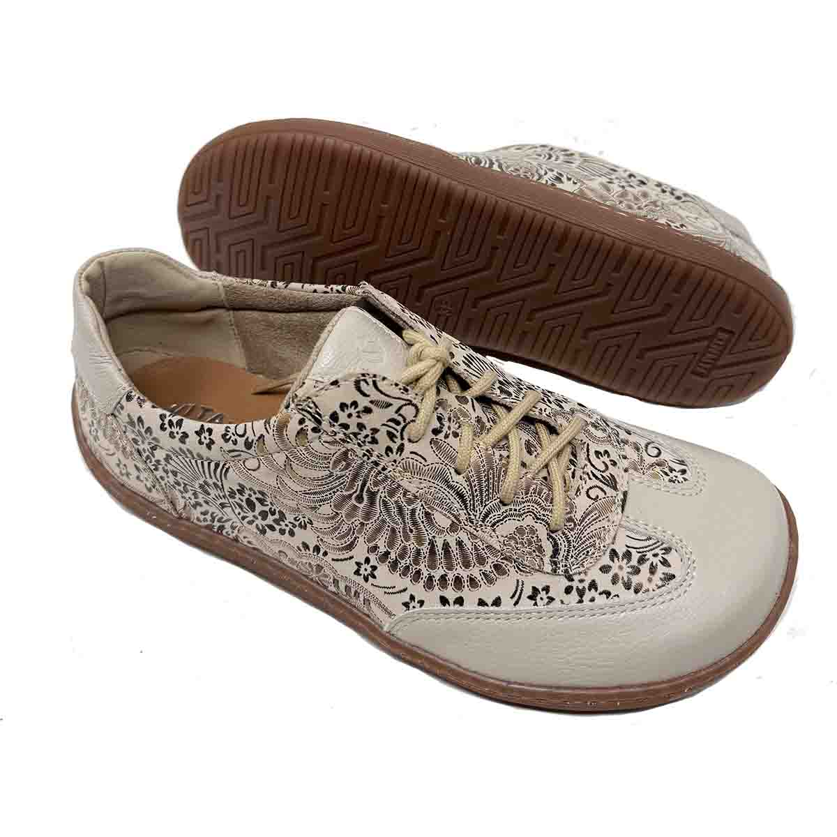 Women's Zero Drop Comfort Oxford – Cream/Beige | Ethnic Floral Dark Embossed Leather - Image 2