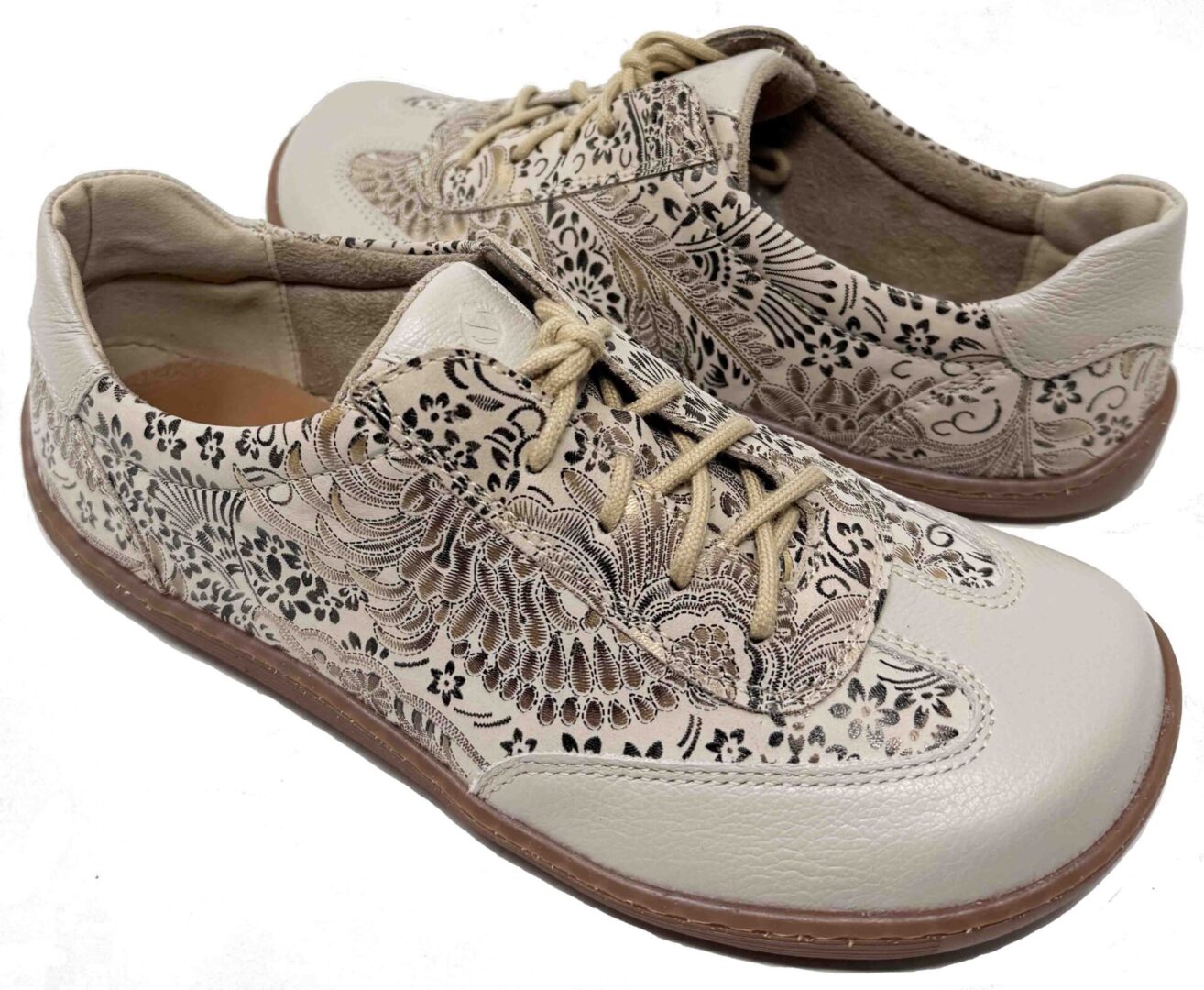 Women's Zero Drop Comfort Oxford – Cream/Beige | Ethnic Floral Dark Embossed Leather - Image 3